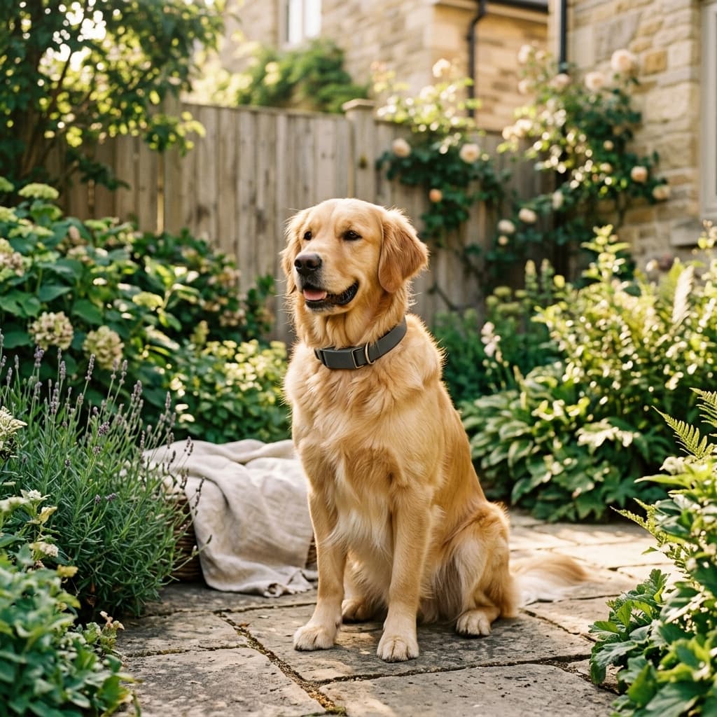 Golden retriever wearing a Petzier Smart GPS Collar in a sunlit garden
