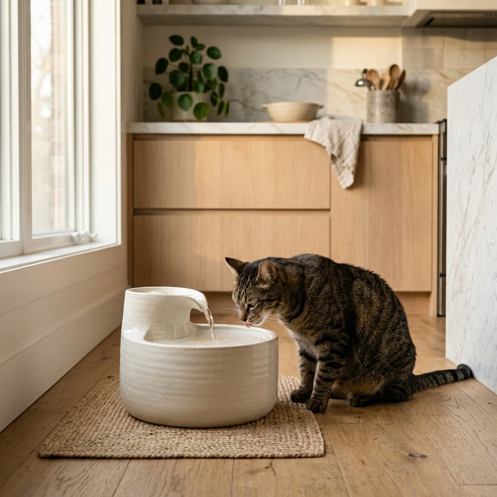 Cat drinking from Petzier filtered water fountain